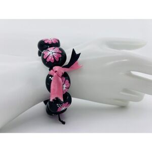 Bracelet Black Large Plastic Beaded Pink Flower Ribbon Womens Fashion Jewelry